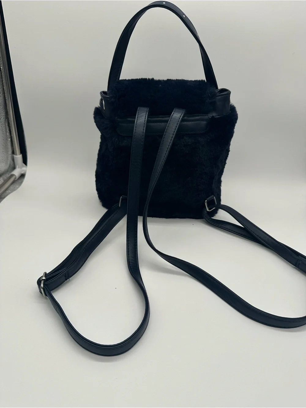 Swarovski Black Faux Fur Mini Backpack with Logo Plate